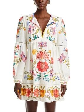 FARM Rio White Floral Tie-Neck Mini Dress with Multicolor Embroidery